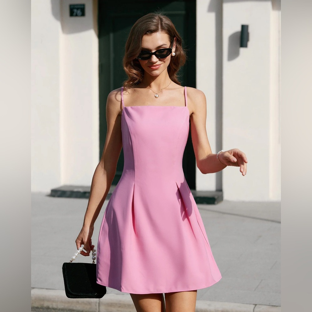 Rihoas Pink Square Neck Slip Pleated Mini Dress